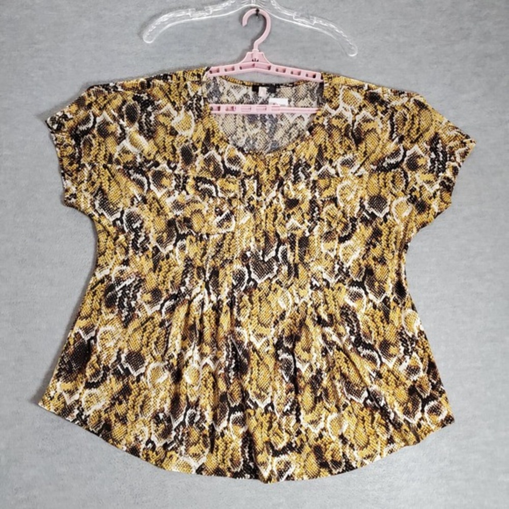 Cocomo Women Top 2x Yellow Snakeskin Print Blouse Short Sleeve Popover
